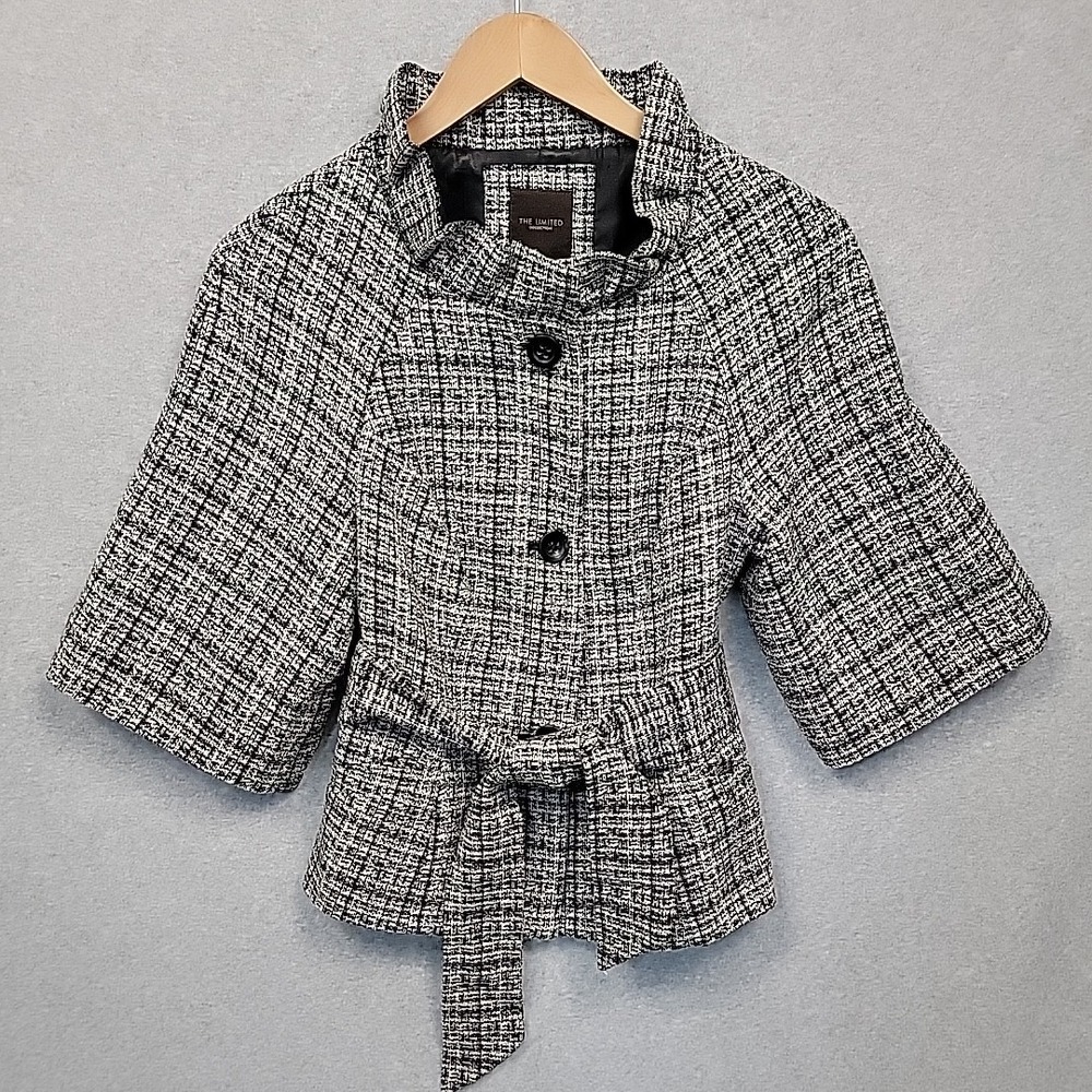 THE LIMITED Women's Sz S Button Front 3/4 Sleeve Lined Tweed Belt Jacket EUC